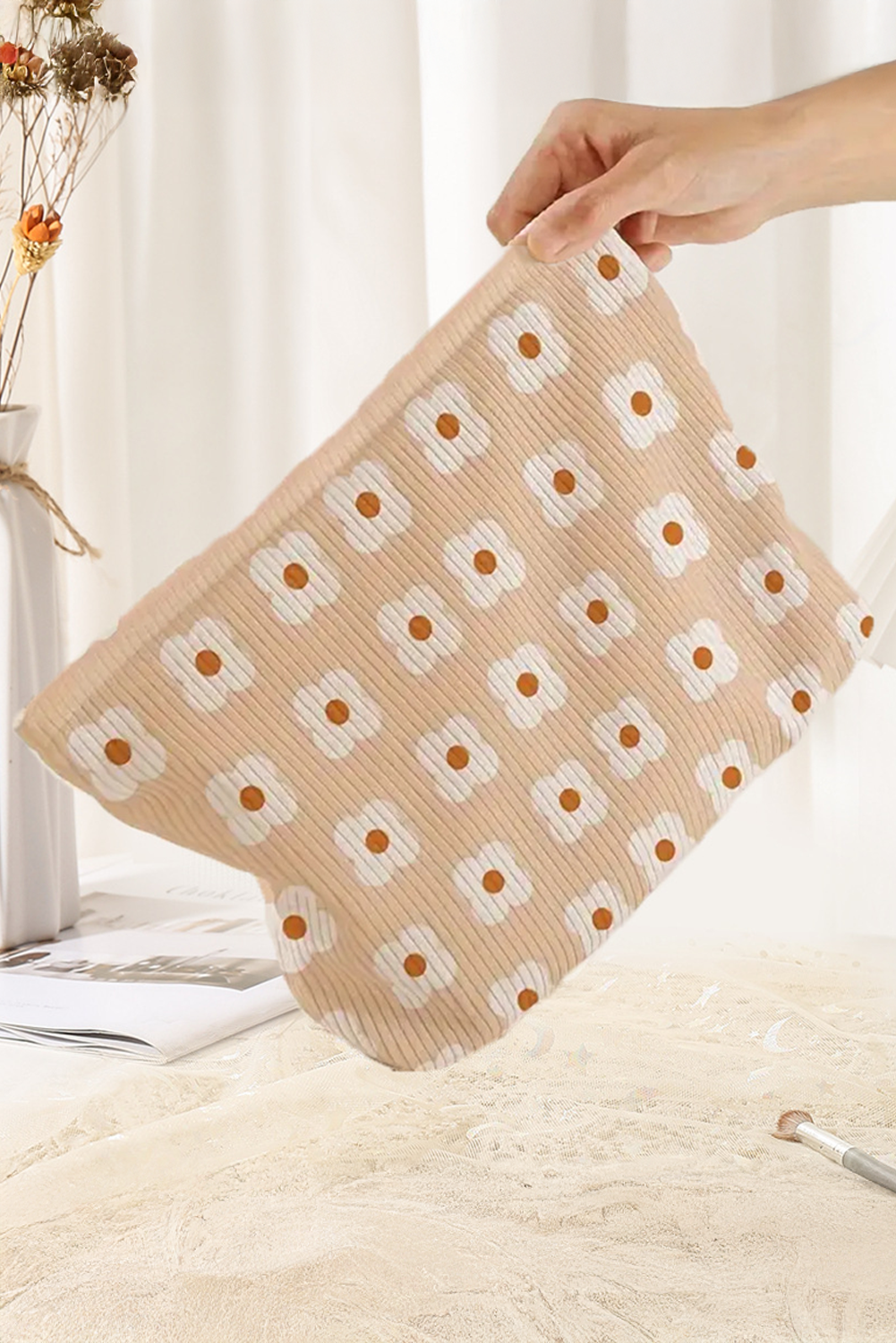 Parchment Flowers Print Textured Corduroy Large Makeup Bag - loveforevers