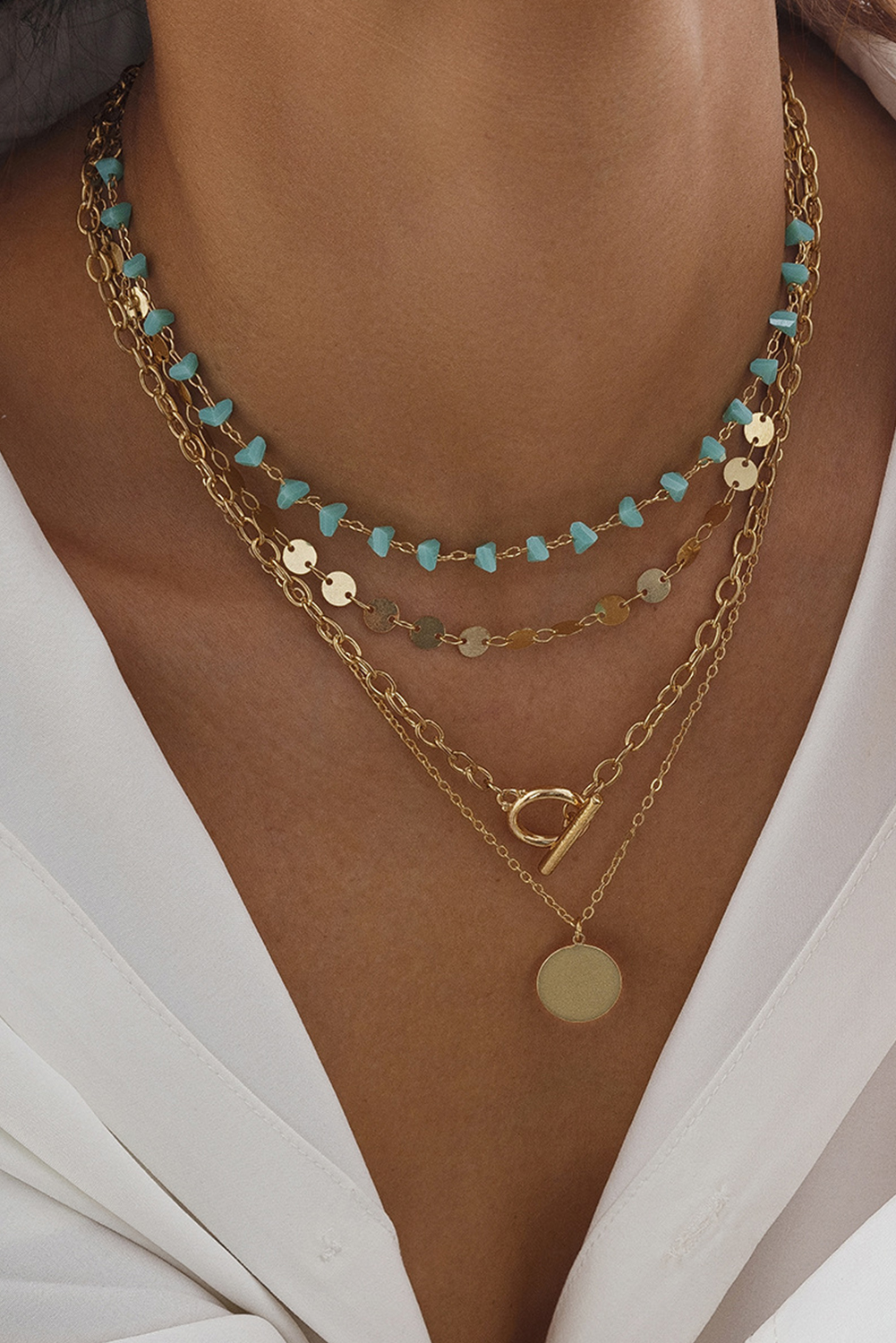 Gold Plated Toggle Disc Detail Turquoise Heart Beads 4pcs Necklace Set - loveforevers
