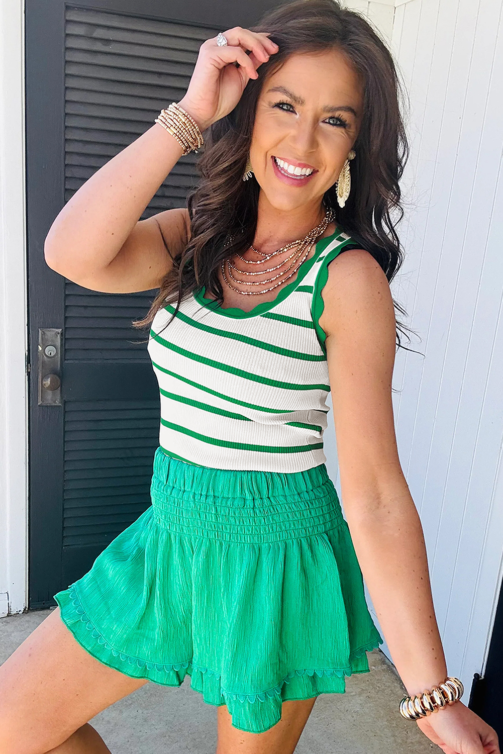 Bright Green Striped Scalloped Edge U Neck Sleeveless Sweater Vest - loveforevers