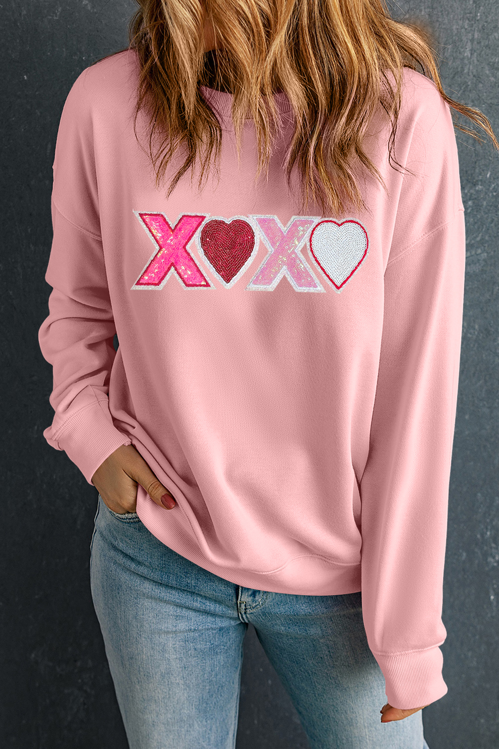 Pink Sequin Heart XOXO Graphic Drop Shoulder Valentines Sweatshirt - loveforevers