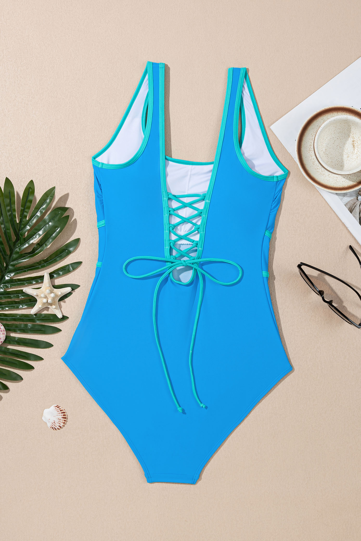 Navy Blue Contrast Trim Lace-up Back One Piece Swimsuit - loveforevers