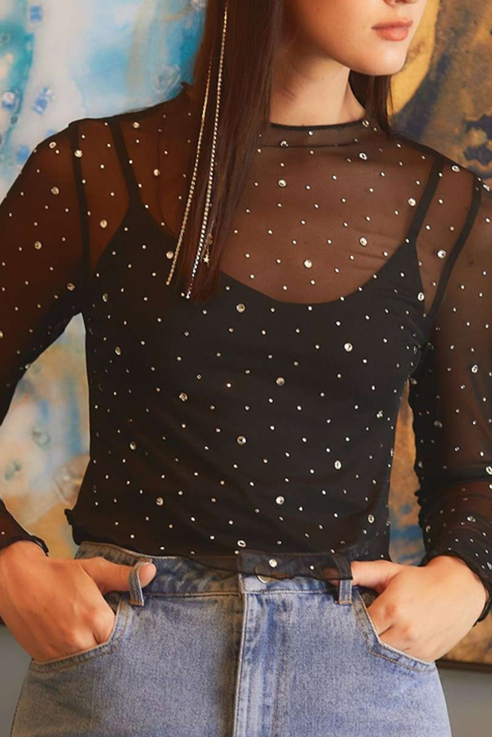 Black Rhinestone Sheer Mesh Slim Fit Long Sleeve Top - loveforevers