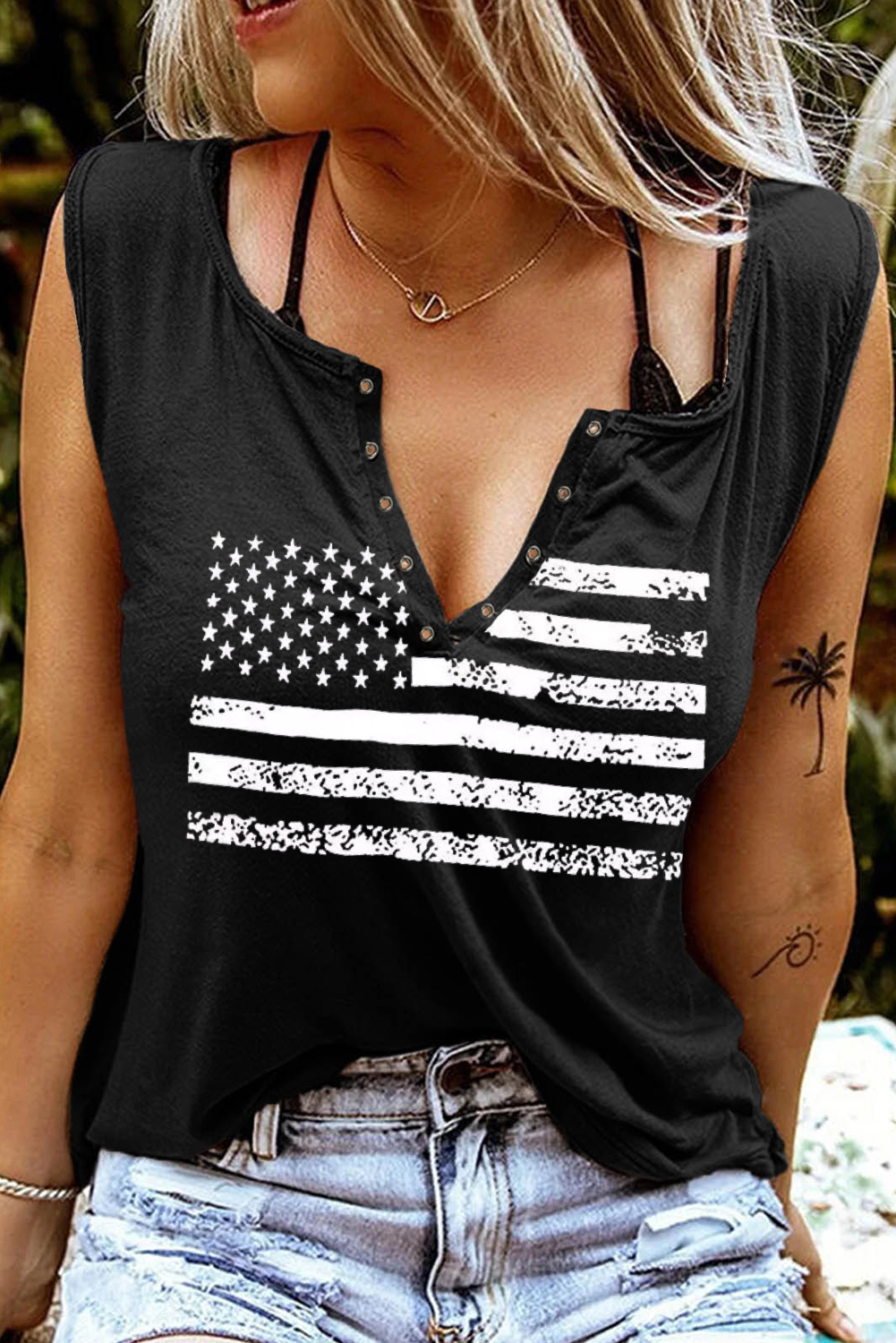 Black American Flag Print Split V Neck Sleeveless Top - loveforevers