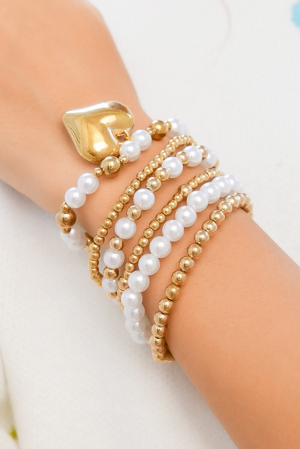 Gold Plated Heart Charm Pearl Beading Multilayer Bracelet - loveforevers