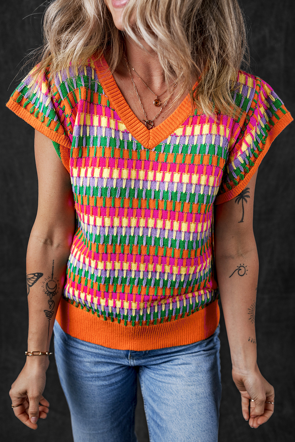 Orange Multi Flutter Sleeve Knitted Sweater Top - loveforevers