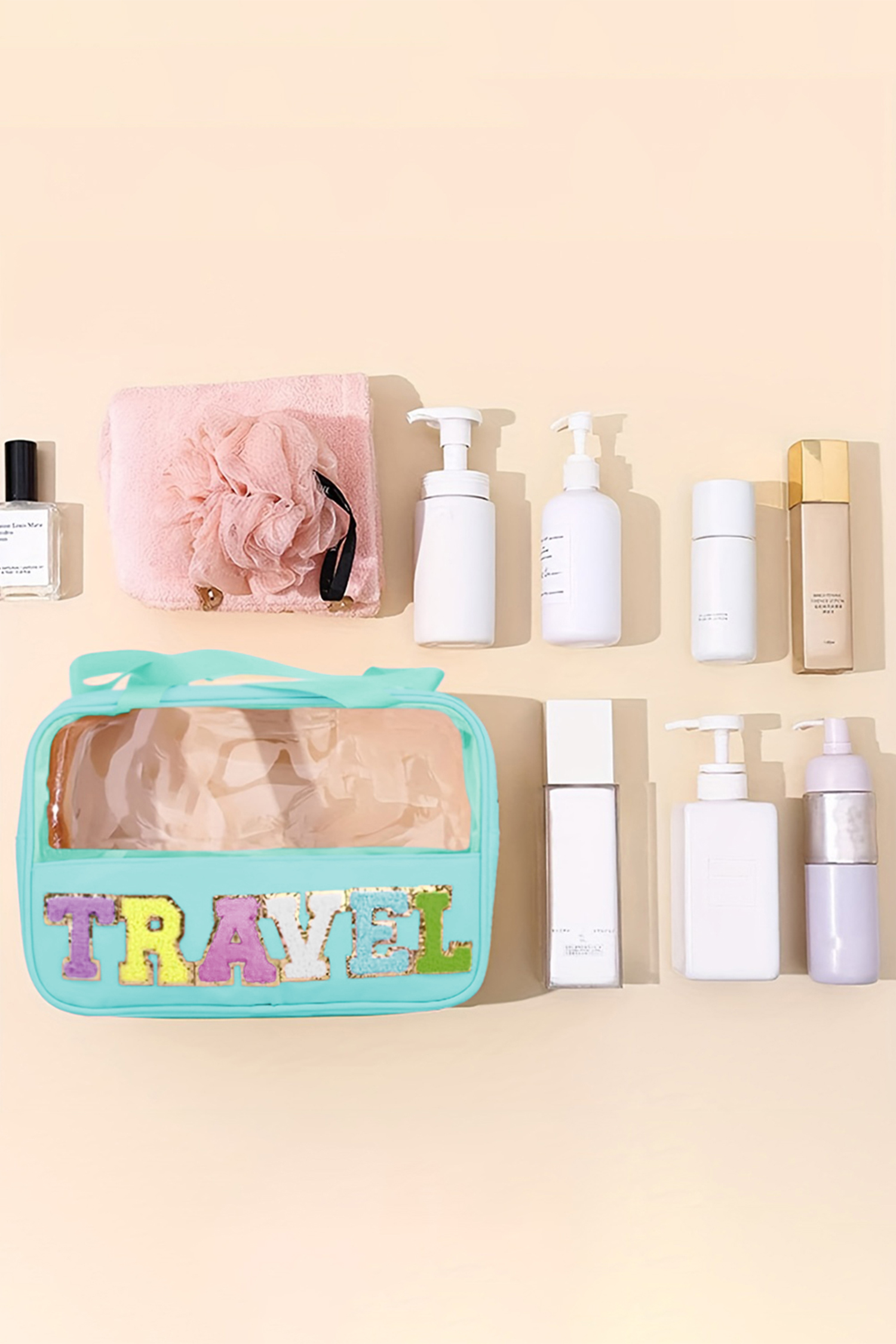 Light Pink TRAVEL Chenille Letter Clear PVC Makeup Bag - loveforevers