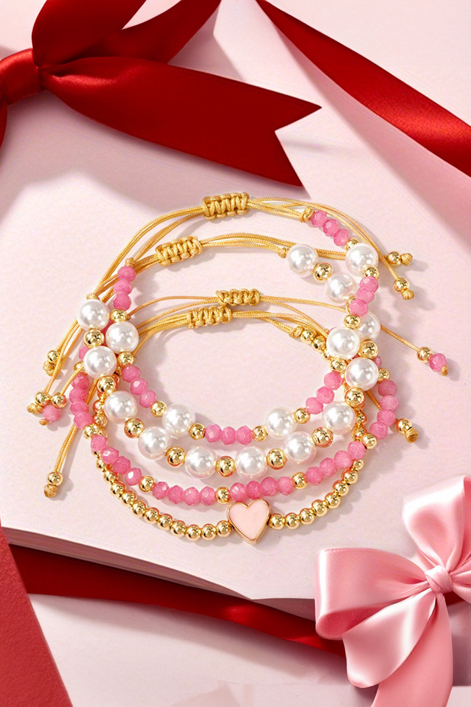 Pink Polyhedral Pearl Golden Beads Adjustable String 4pcs Bracelet Set - loveforevers