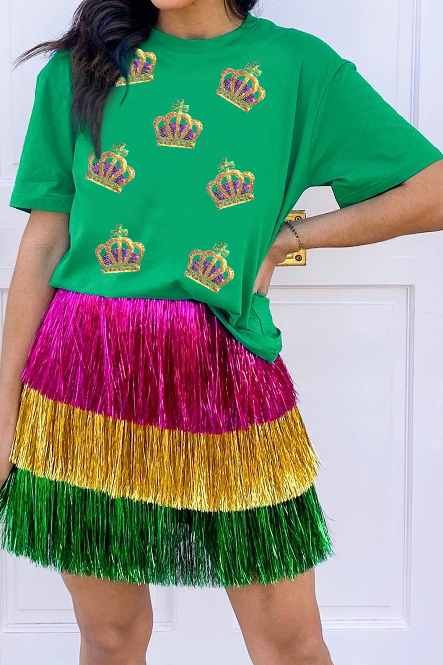 Bright Green Sequin Mardi Gras Crown Rolled Sleeve T Shirt - loveforevers