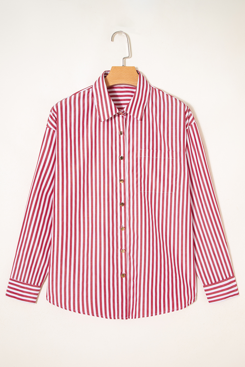 Red Stripe Patched Pocket Side Slit Loose Shirt - loveforevers