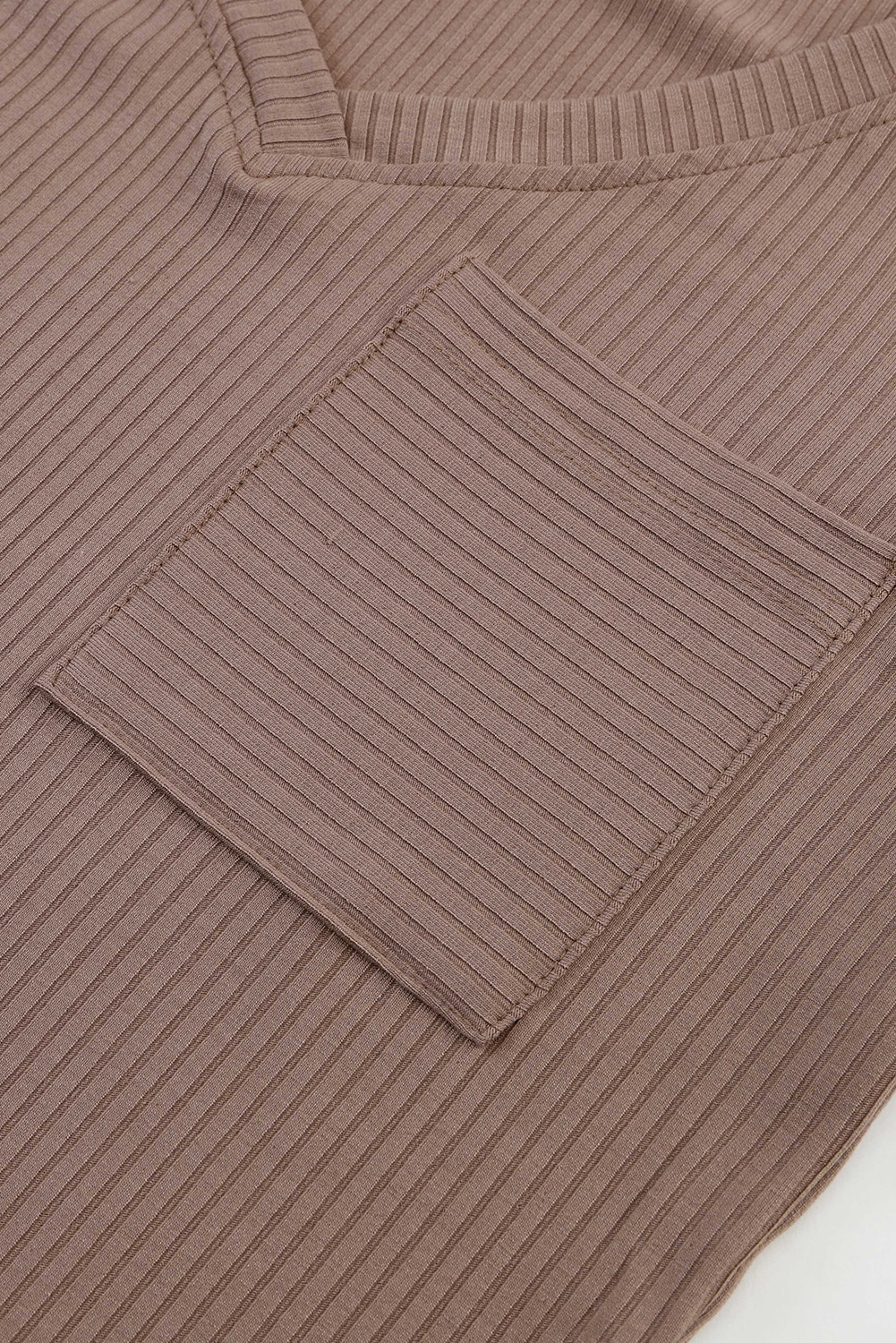 Khaki Ribbed Knit Patched Chest Pocket V Neck Top - loveforevers