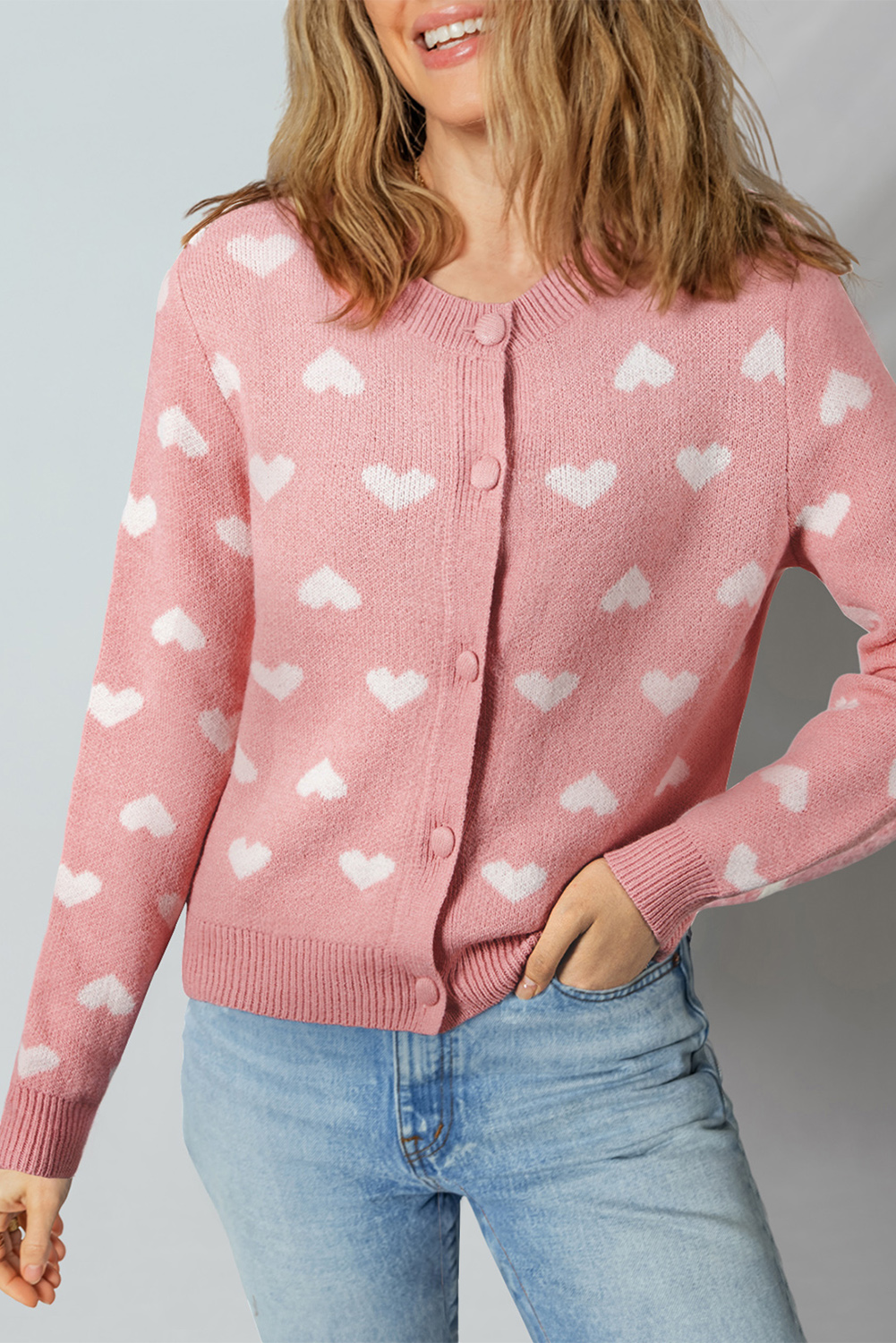 Light Pink Heart Pattern Button Front Cardigan Sweater - loveforevers