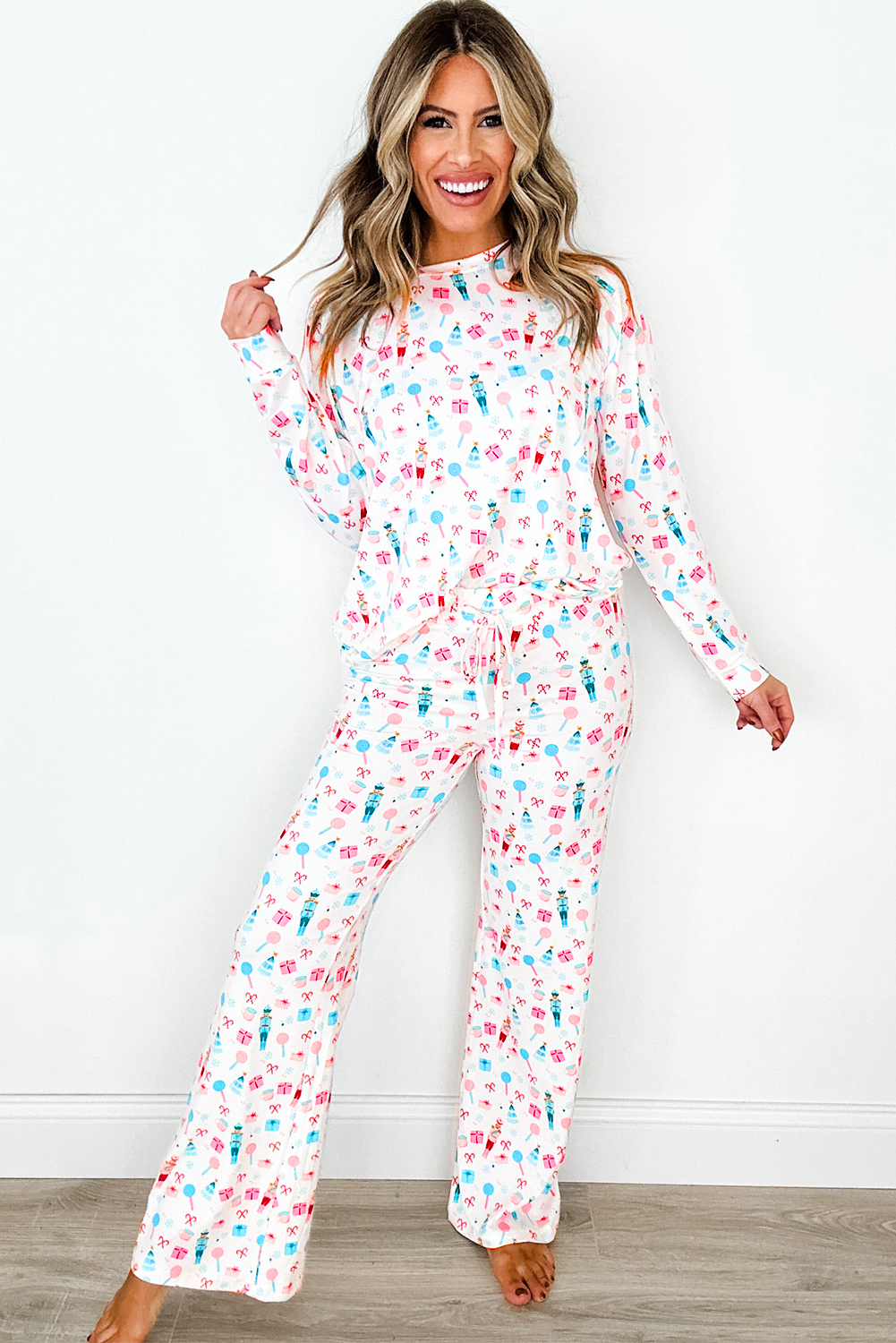White Christmas Pattern Long Sleeve Top and Wide Leg Pants Set - loveforevers