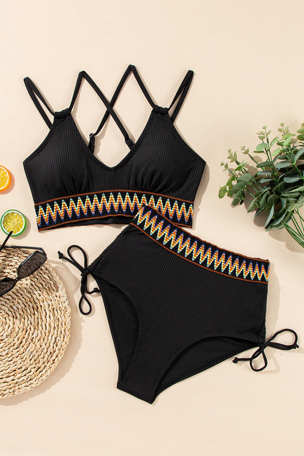 Sky Blue Ribbed Knit Tribal Contrast Detail 2pcs High Waist Swimsuit - loveforevers