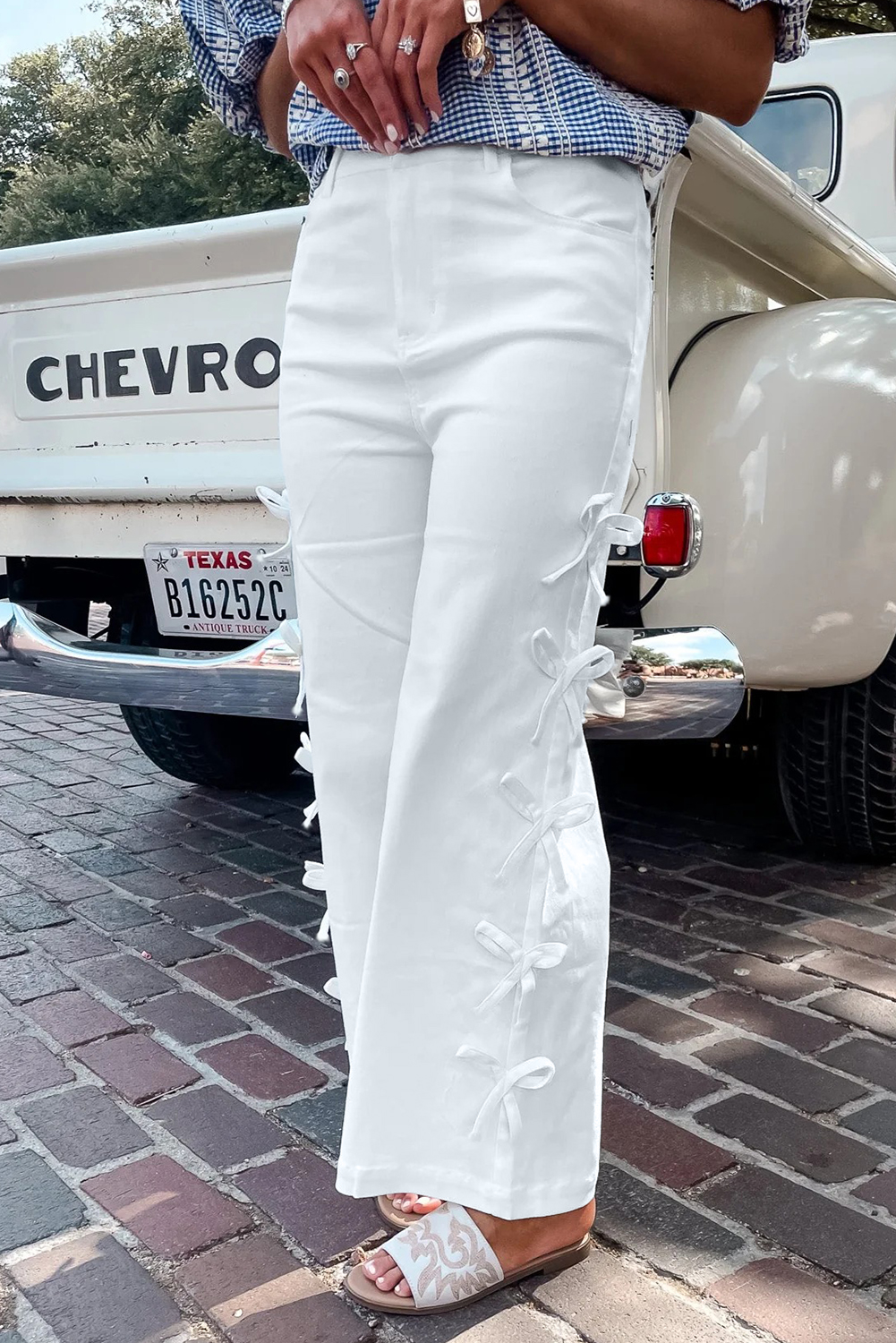 White Bow Knot Side Detail Straight Leg Loose Jeans - loveforevers