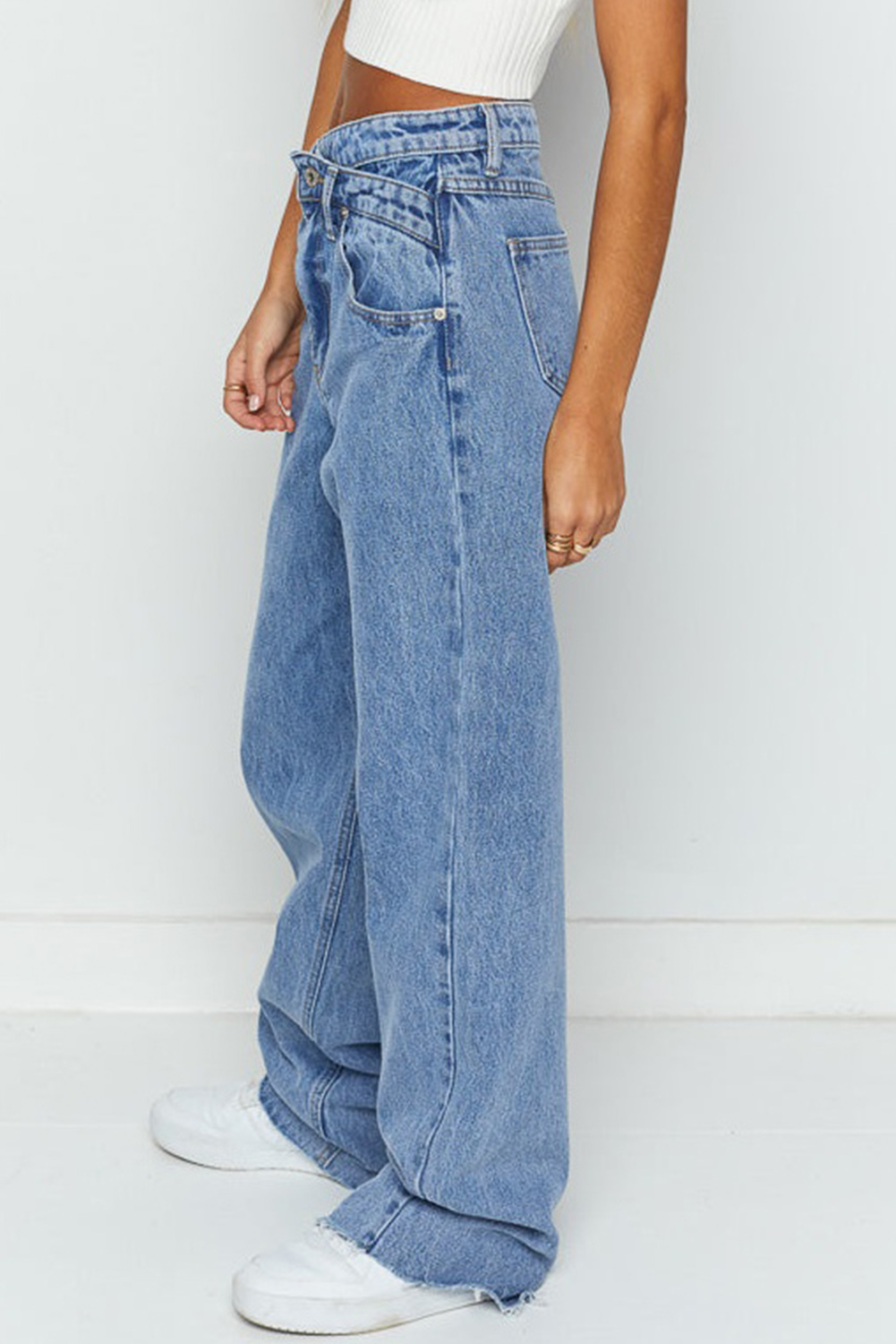 Blue Mid Rise Asymmetrical Waist Wide Leg Jeans - loveforevers