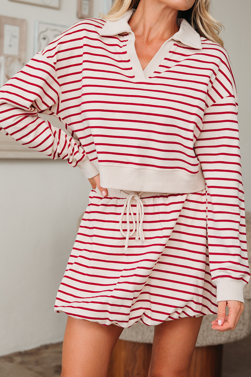 Red Stripe Cropped Collared Drop Shoulder Pullover and Bubble Mini Skirt Set - loveforevers
