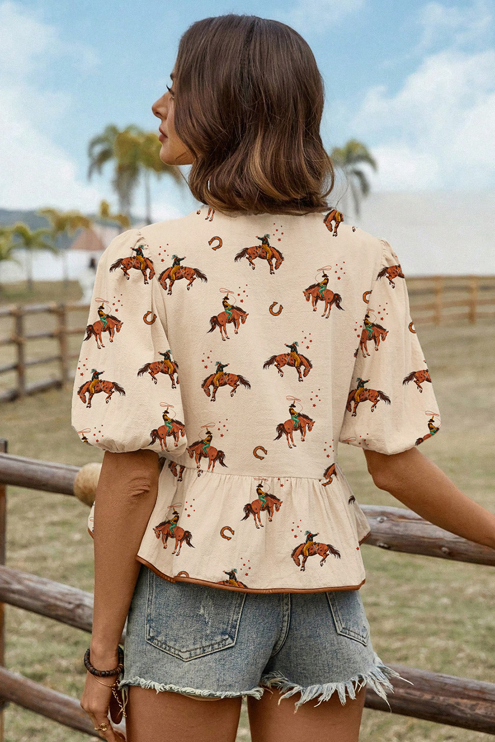 Apricot Cowboy Print Puff Sleeve Bowknot Peplum Blouse - loveforevers