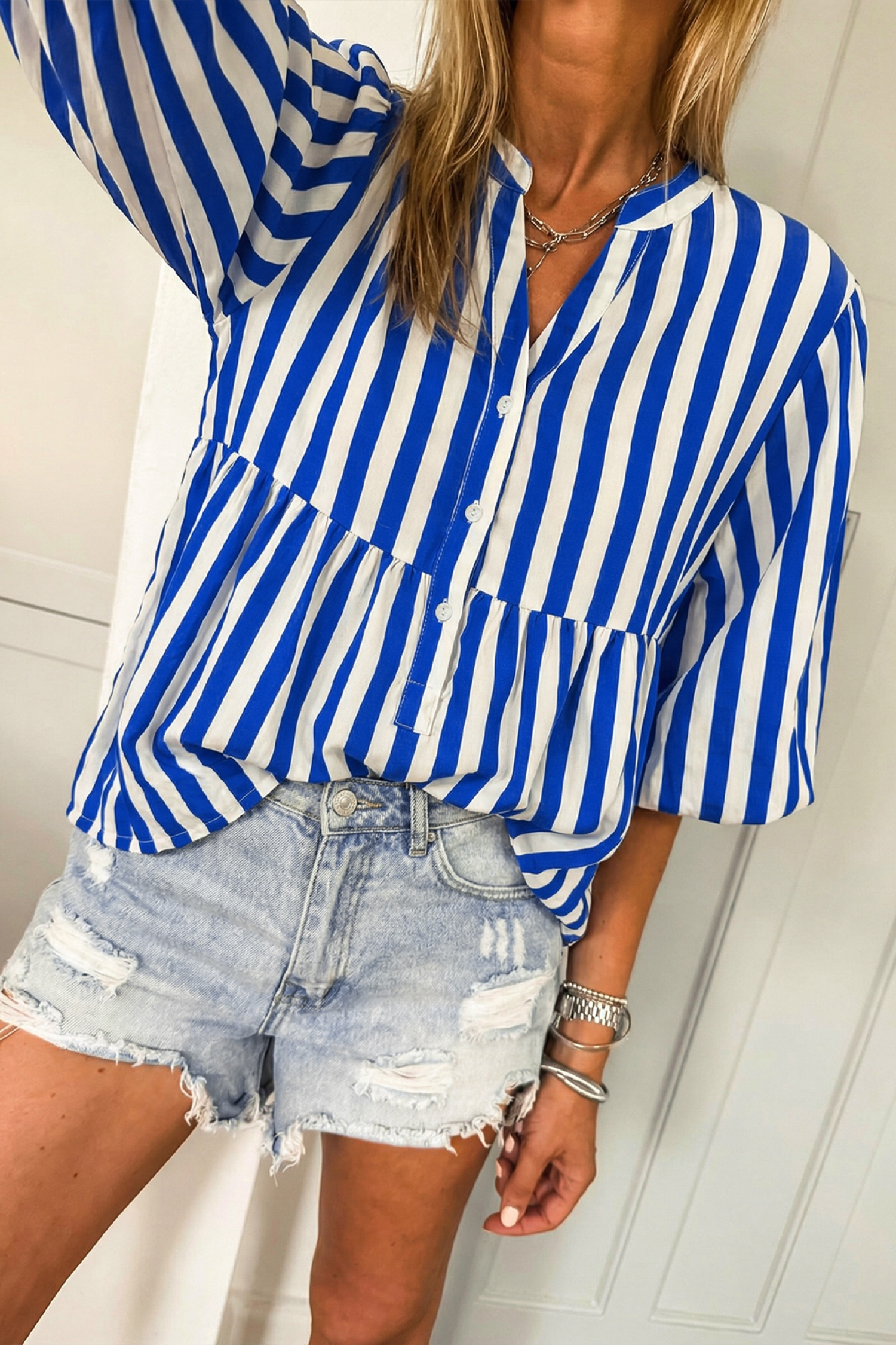 Sky Blue Stripe Balloon Sleeve Loose Button up Shirt - loveforevers