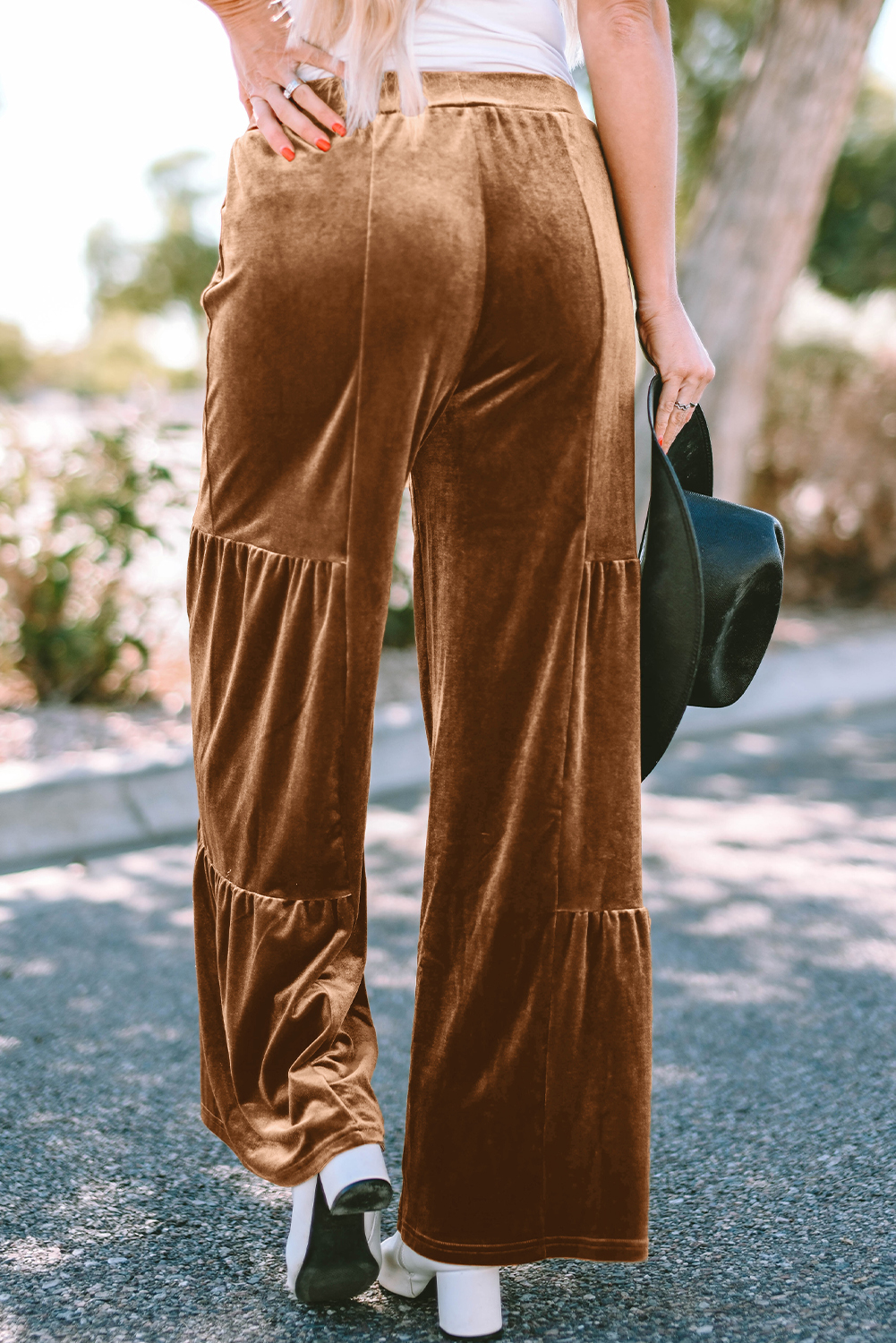 Chestnut Ruffle Hem Wide Leg Velvet Pants - loveforevers