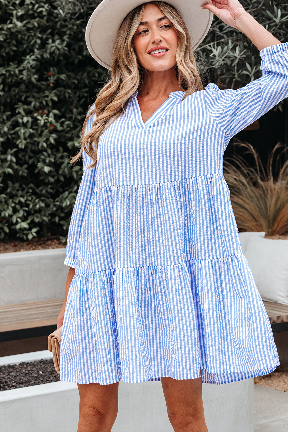 Sky Blue Stripe Bracelet Sleeve Tiered Shift Dress with Pockets - loveforevers