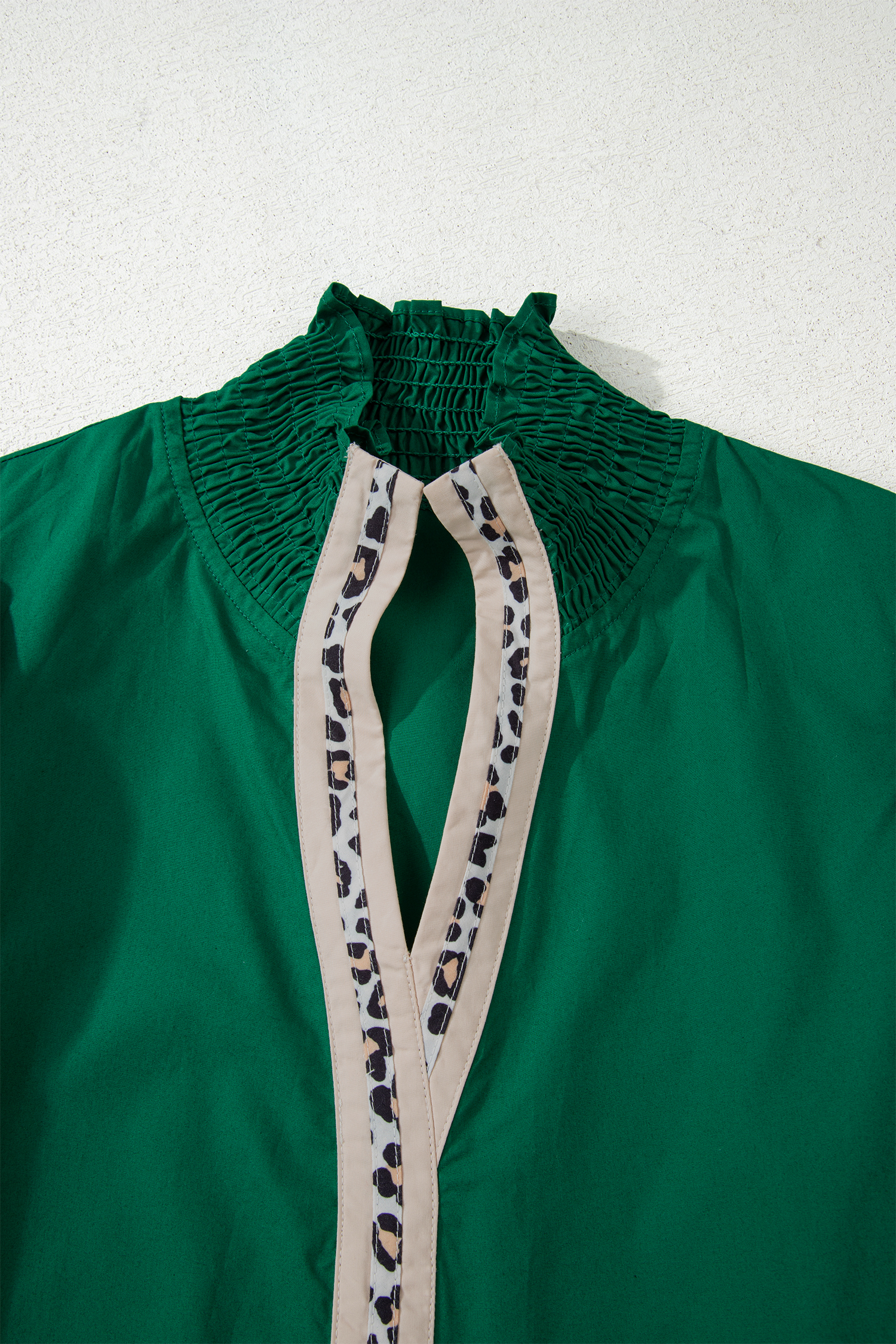 Evergreen Puffy Flounce Sleeve Leopard Trim V Neck Blouse - loveforevers