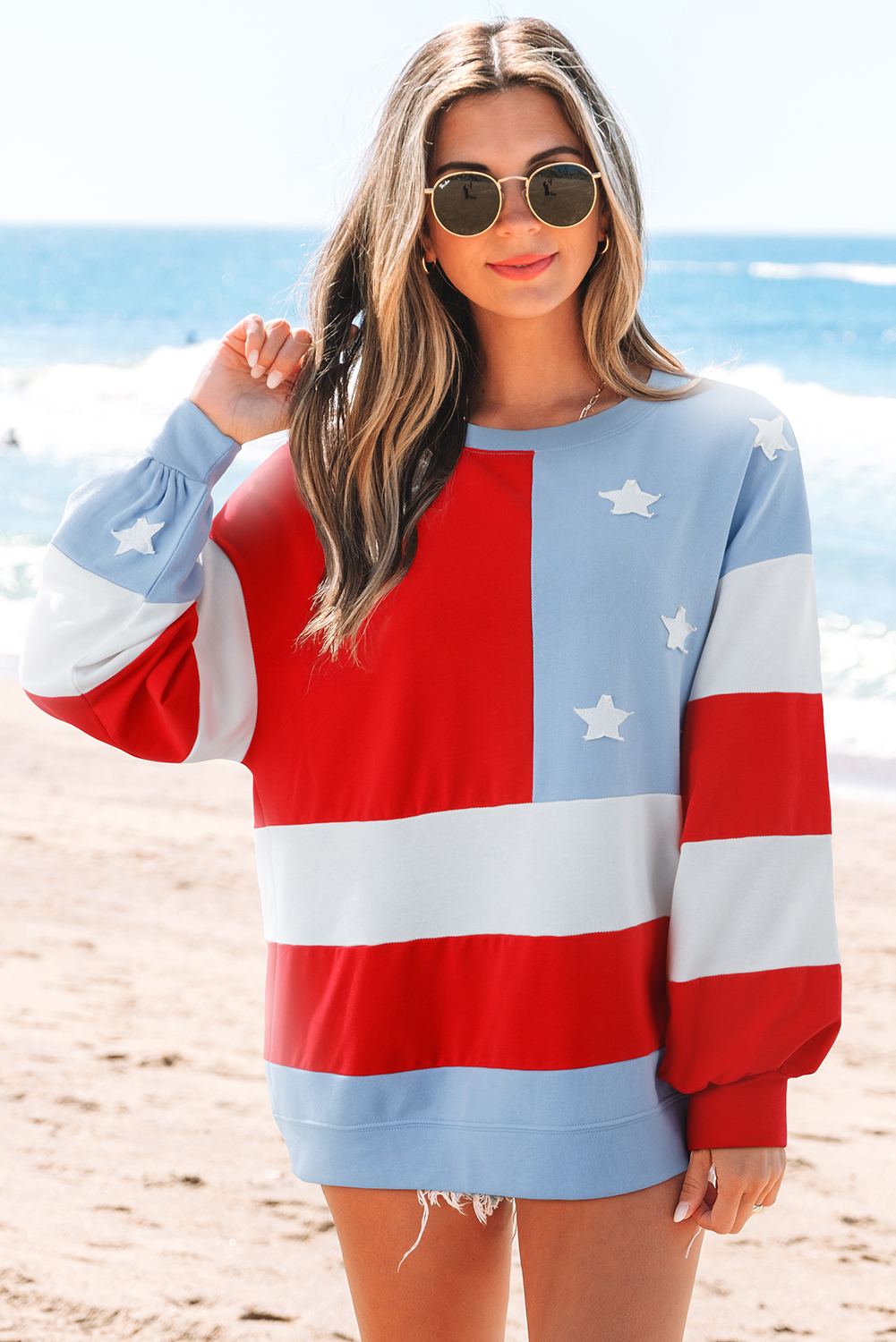 Multicolour American Flag Vintage Oversized Pullover Sweatshirt - loveforevers