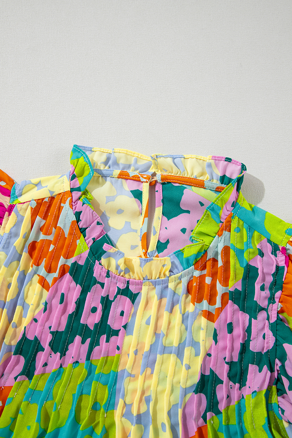 Multicolour Abstract Print Pleated Flutter Sleeve Blouse - loveforevers