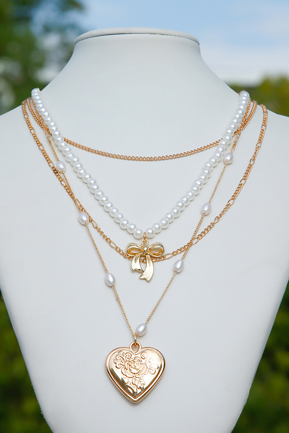 Gold Plated Bow Heart Pendant Pearl Beading Multilayer Necklace - loveforevers