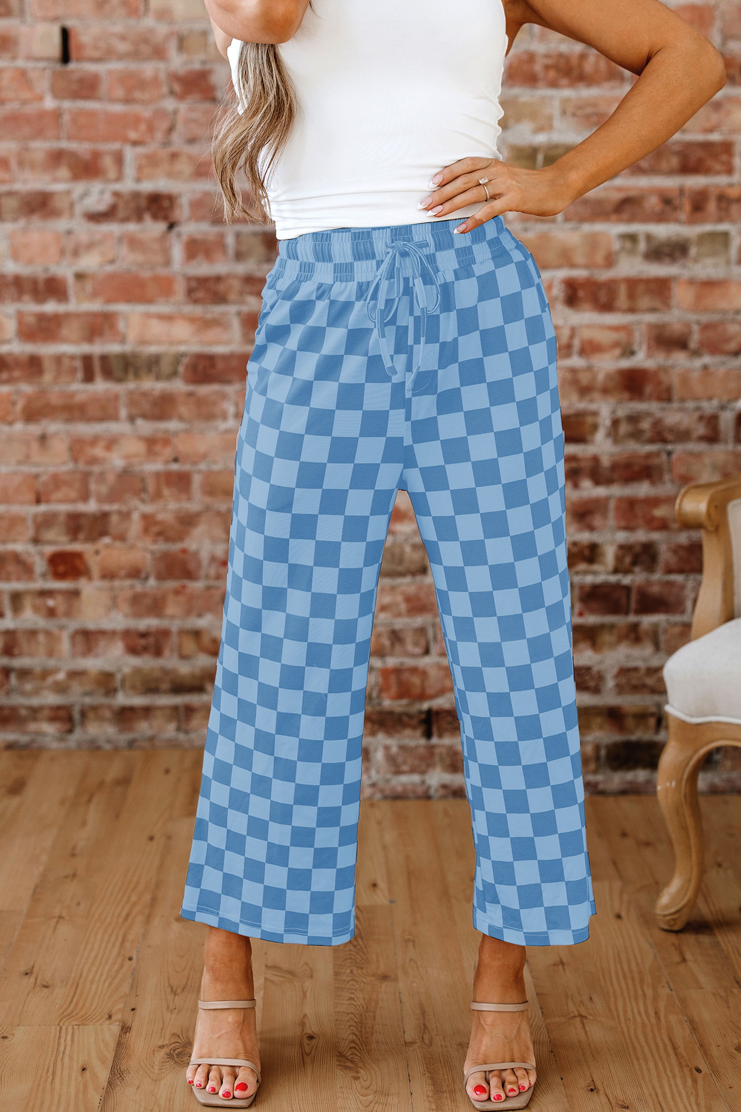 Khaki Checkered Elastic High Waist Loose Casual Pants - loveforevers