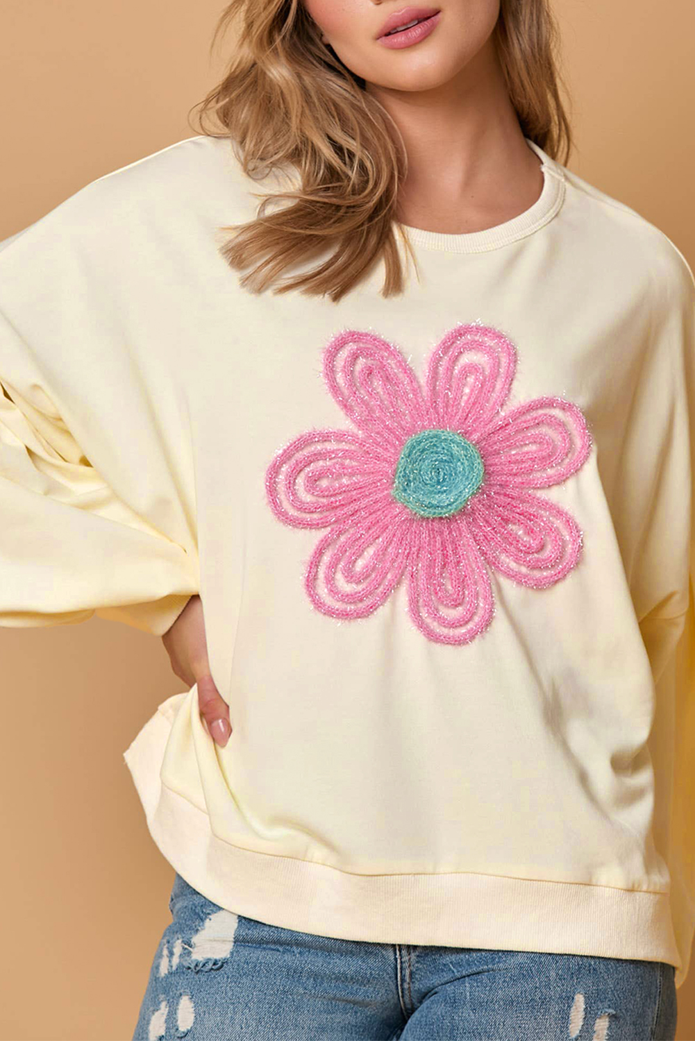 Beige Tinsel Flower Dropped Puff Sleeve Sweatshirt - loveforevers