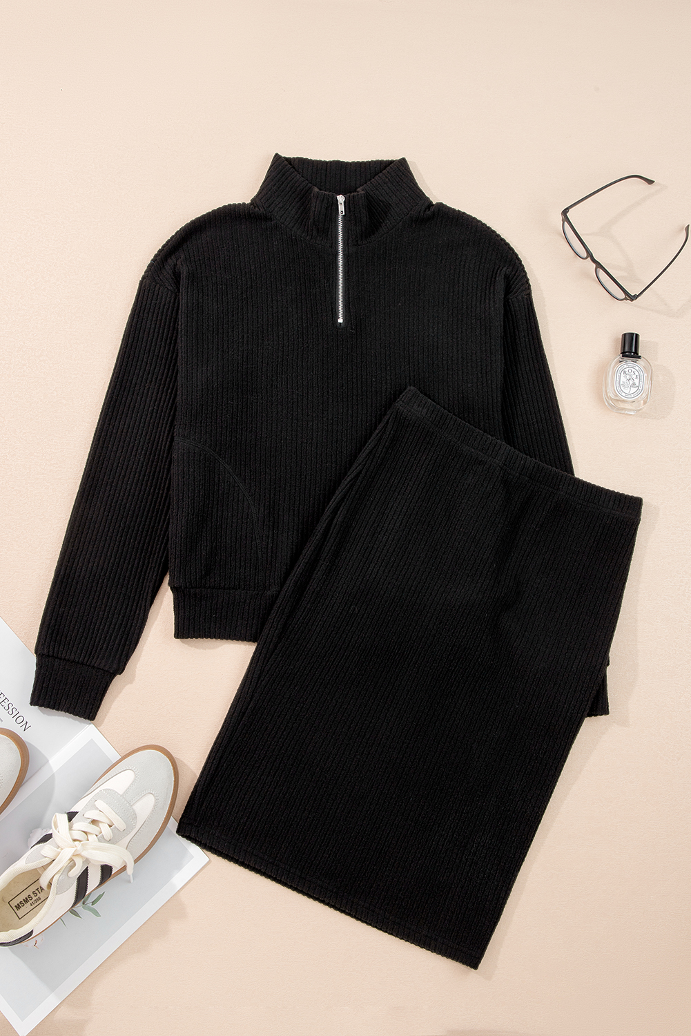 Black Ribbed Zip Stand Neck Drop Shoulder Pullover Bodycon Skirt 2pcs Set - loveforevers