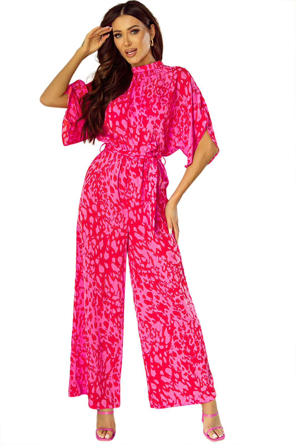 Rose Leopard Loose Sleeve Belted Wide Leg Jumpsuit - loveforevers
