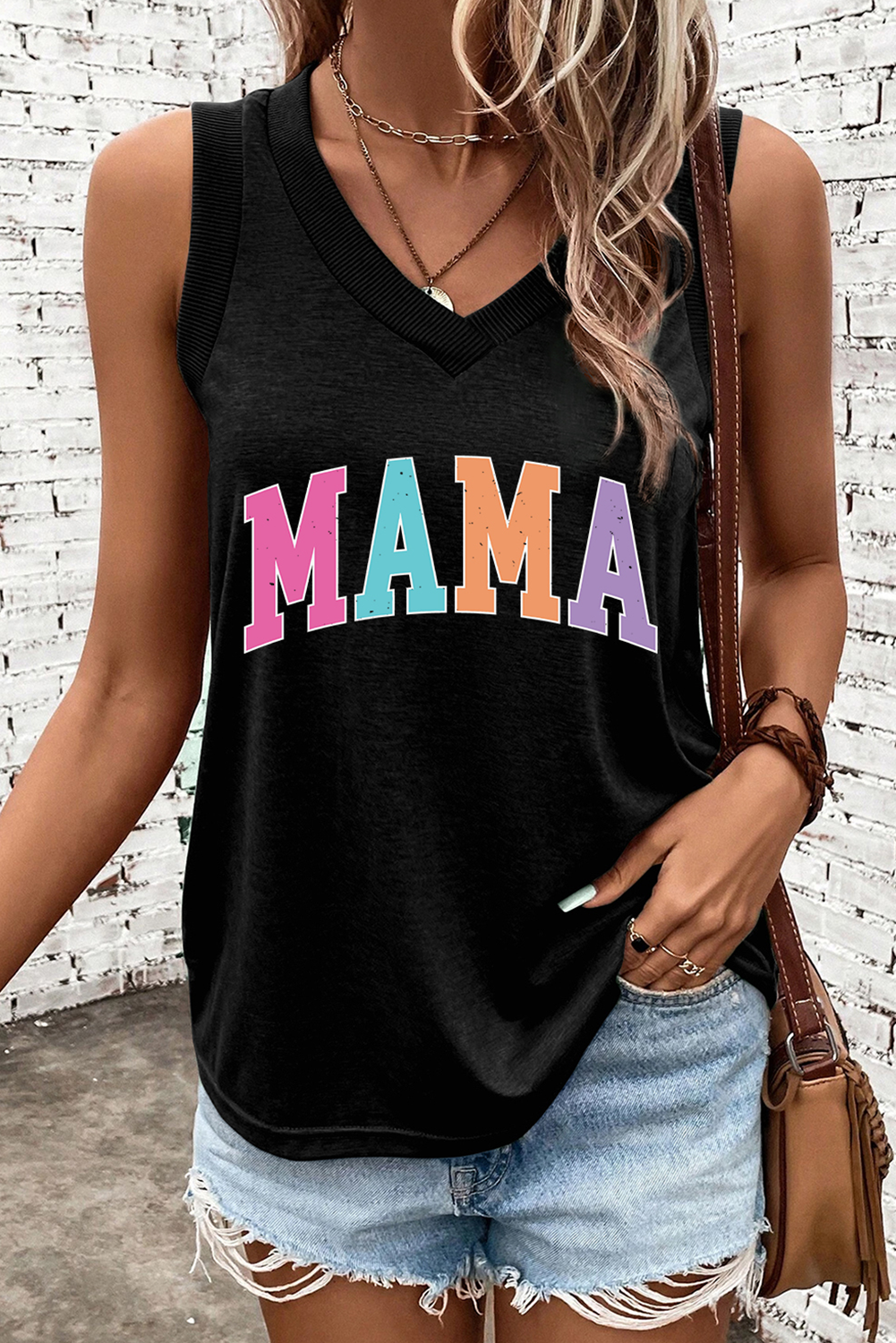 Black MAMA V Neck Loose Fit Tank Top - loveforevers