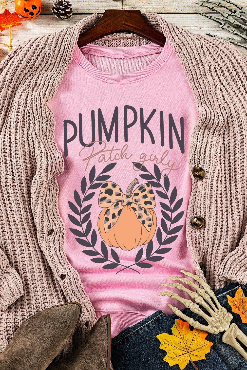 Pink Leopard Bowknot Pumpkin Graphic Halloween Sweatshirt - loveforevers