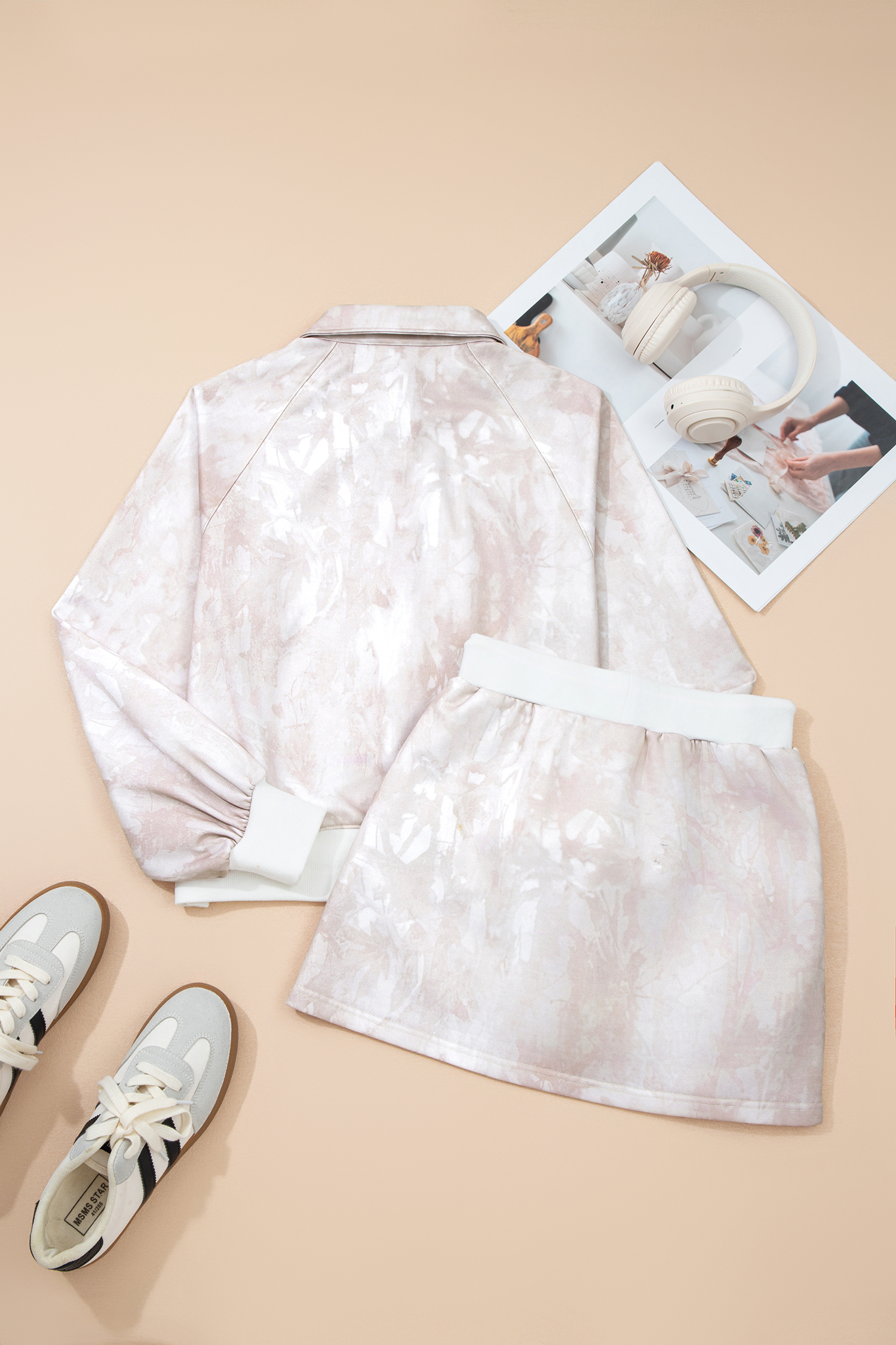 White Abstract Woodland Print Balloon Sleeve Pullover Drawstring Mini Skort Set - loveforevers