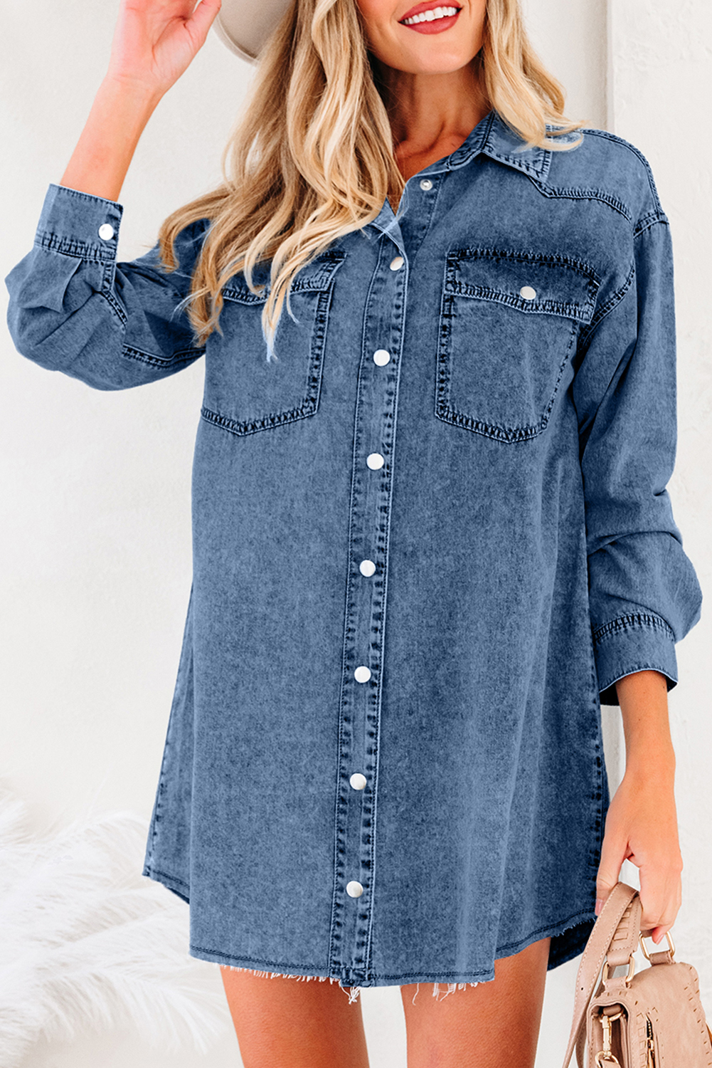 Blue Beau Chest Pocket Raw Hem Denim Loose Shirt Dress - loveforevers