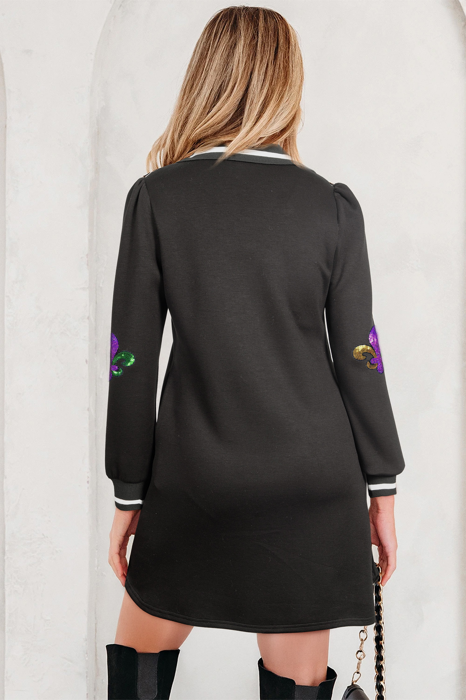 Black Sequin Fleur De Lis Mardi Striped Trim Collar Long Sleeve Mini Dress - loveforevers