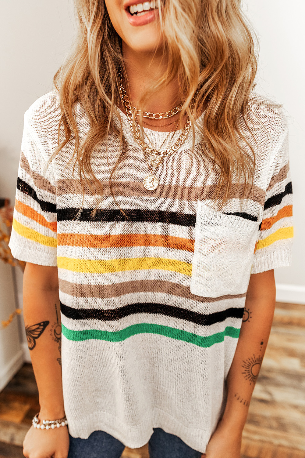 White Striped Pocketed Loose Fit Crewneck Knitted T Shirt - loveforevers