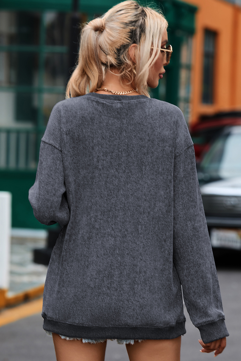 Pink Solid Ribbed Knit Round Neck Pullover Sweatshirt - loveforevers