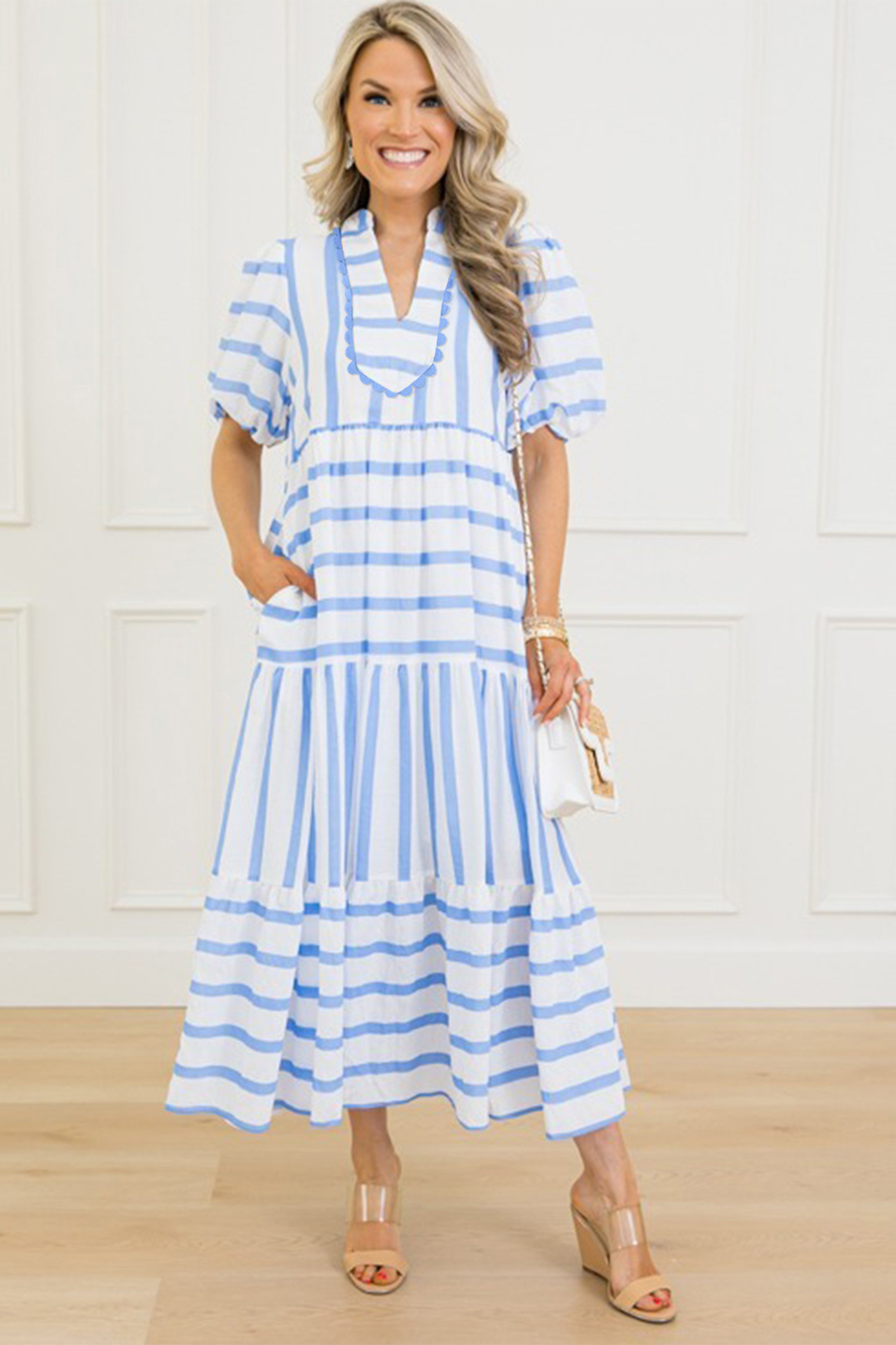 Sky Blue Stripe Ricrac Trim Notched Neck Half Sleeve Vacation Dress - loveforevers