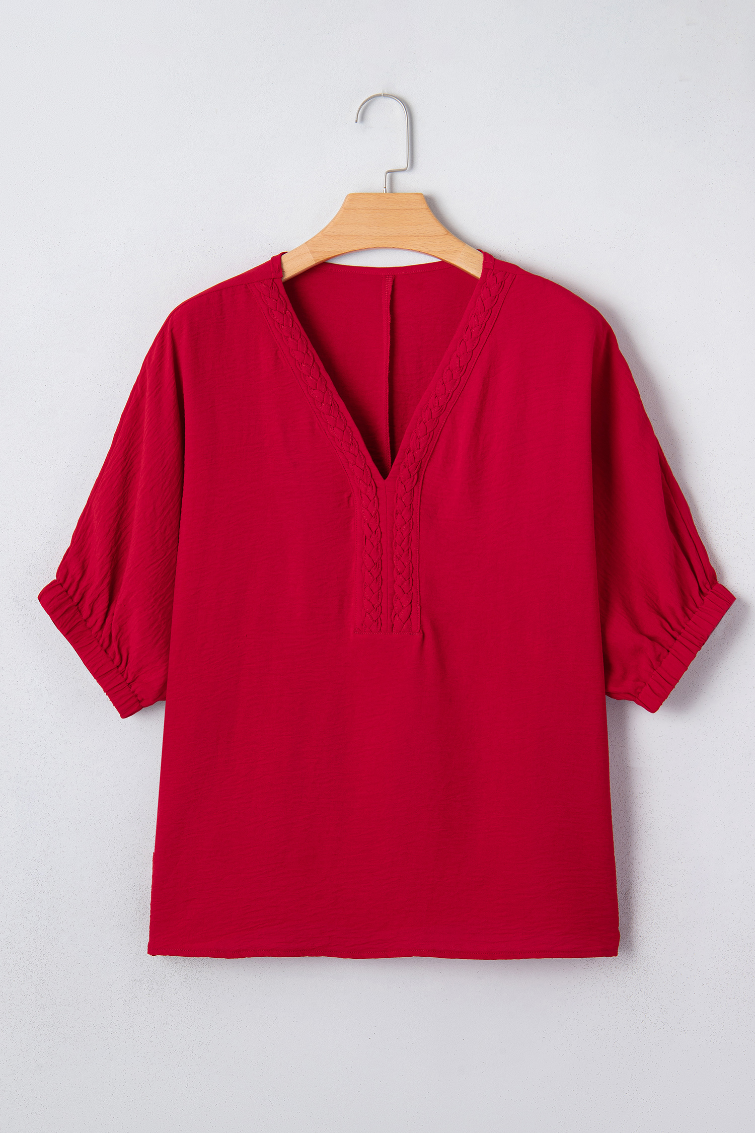 Racing Red Braided Trim V Neck Half Sleeve Blouse - loveforevers
