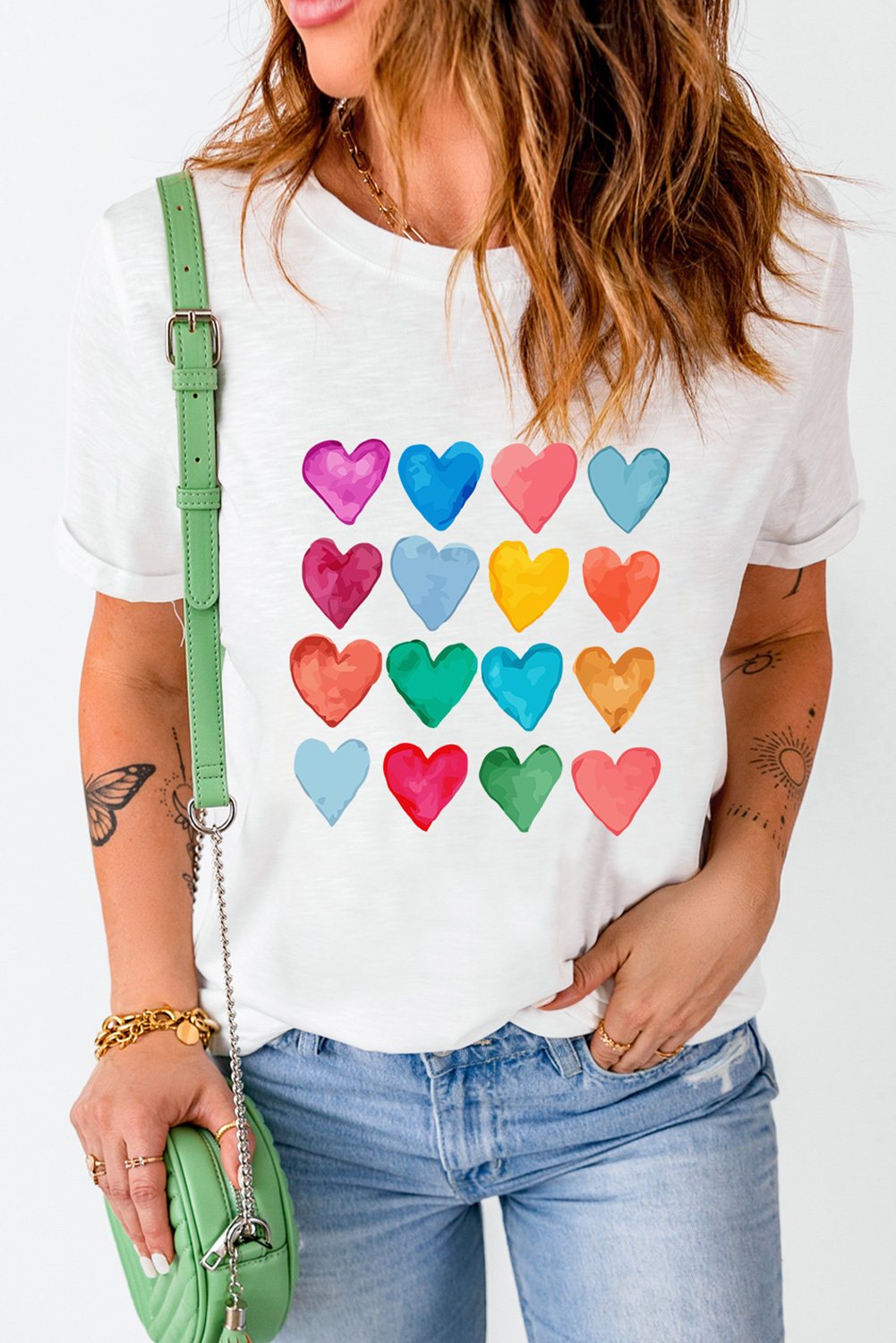 Red Leopard Striped Heart Shaped Print Crew Neck T Shirt - loveforevers