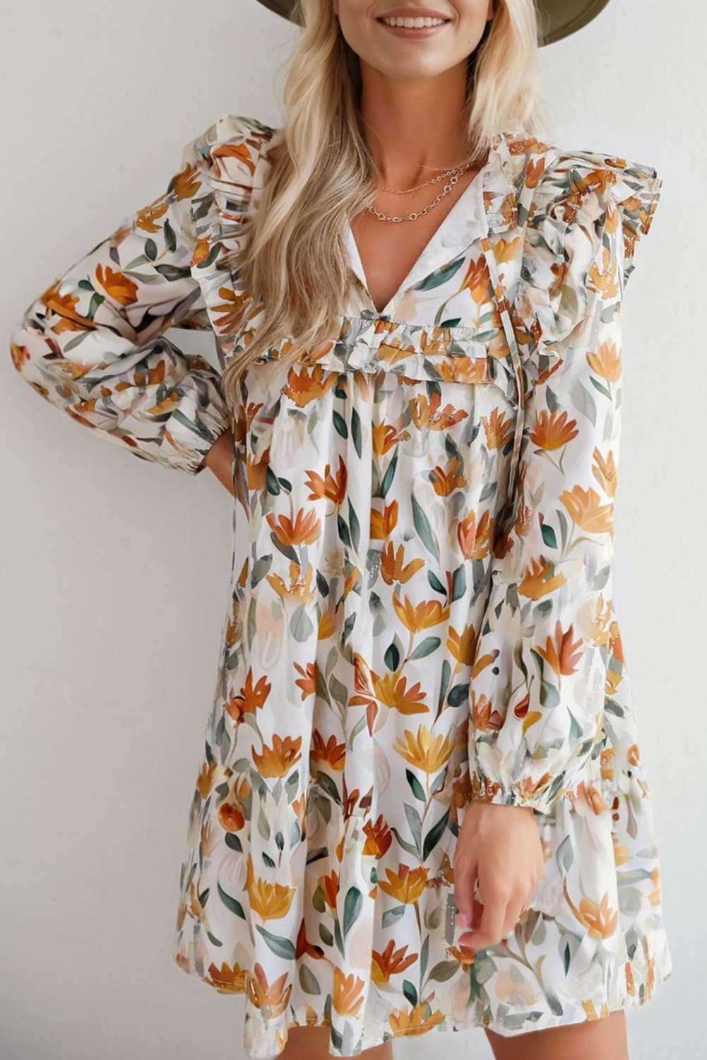 Yellow Floral Print Tie Neck Frilled Detail Long Sleeve Mini Dress - loveforevers