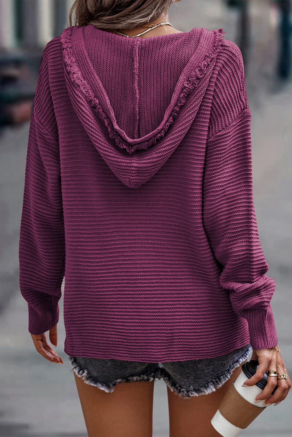 V Neck Ribbed Drop Shoulder Hooded Sweater - loveforevers