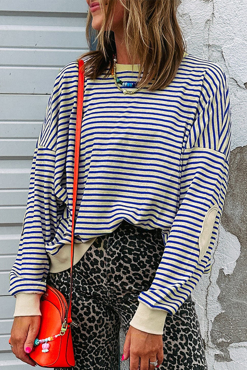 Blue Stripe Textured Elbow Patched Crew Neck Drop Shoulder Sweatshirt - loveforevers