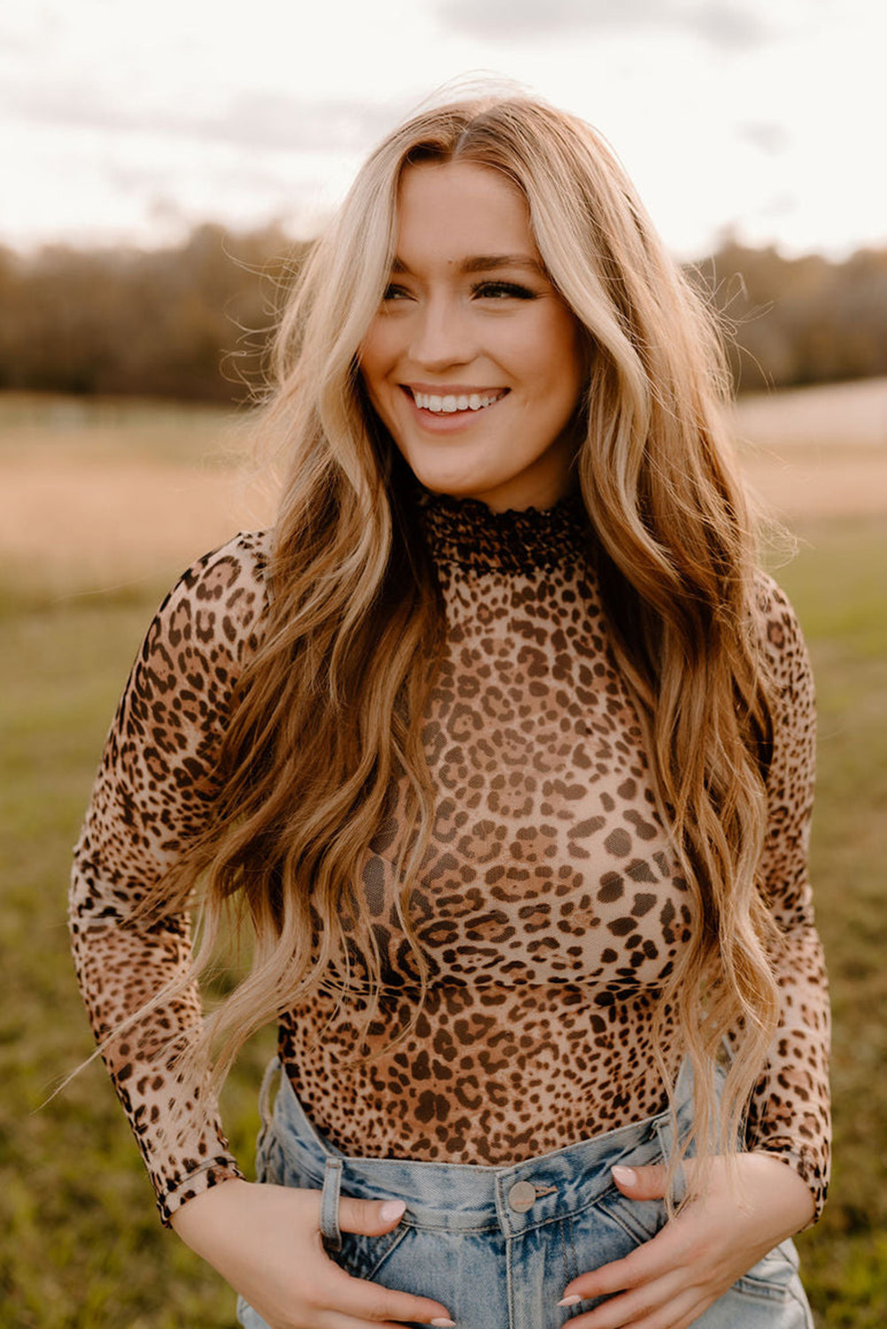 Brown Leopard Smocked Neck Mesh Long Sleeve Bodysuit - loveforevers