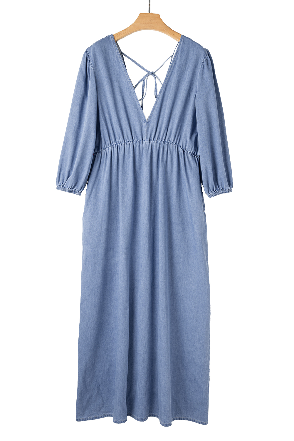 Myosotis Chambray Deep V Neck Bracelet Sleeve Maxi Dress - loveforevers
