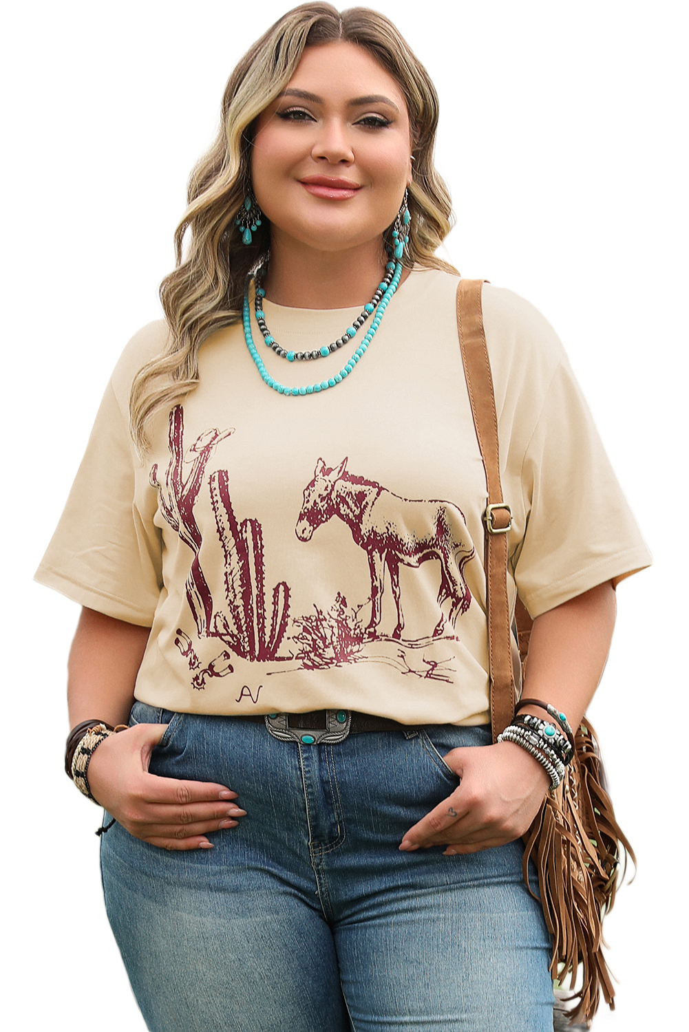 Parchment  Western Burro Cactus Crew Neck Graphic Tee - loveforevers