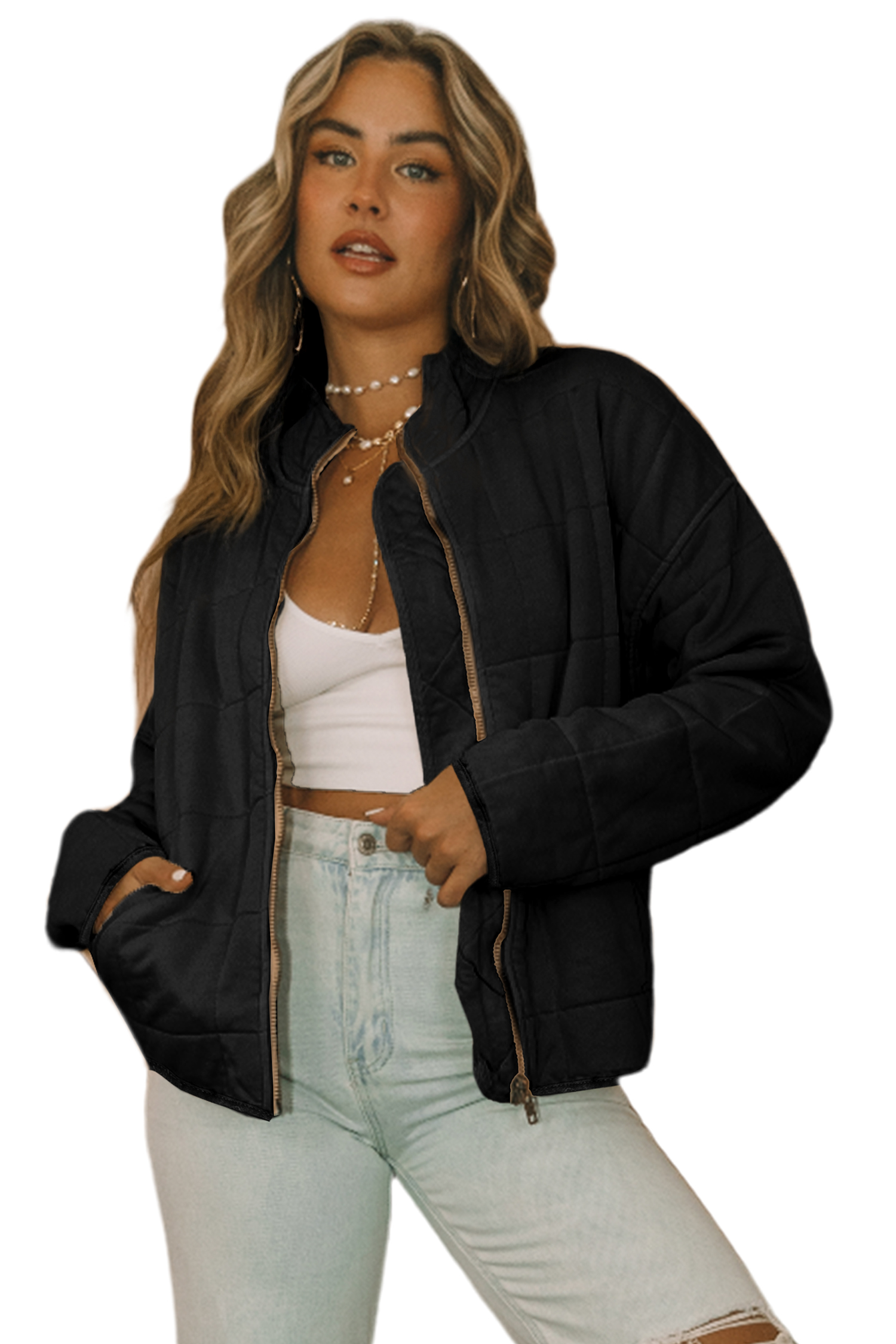 Khaki Zip-Up Pocket Quilted Jacket - loveforevers