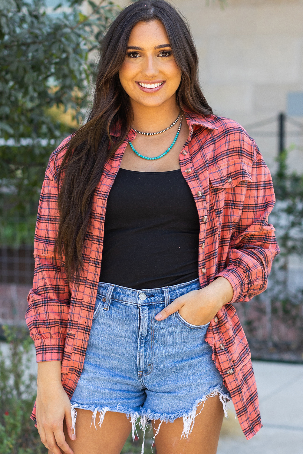 Red Plaid Long Sleeeve Side Split Distressed Hem Shirt - loveforevers